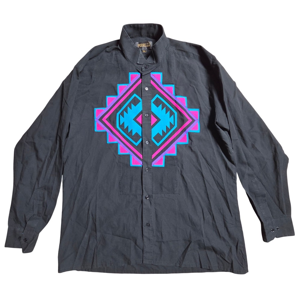 Vintage Perruzzo Uomo Aztec Graphic Button Up Shirt Mens L Black Soutwestern
